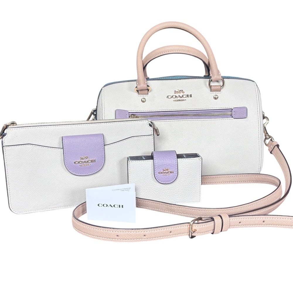 Coach Rowan Colorblock Satchel Purse Wallet Set White Chalk Purple Teal Leather